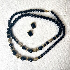 Vintage 1928 Jewelry Black Bead Necklace + Black Gold Clip Earrings Set